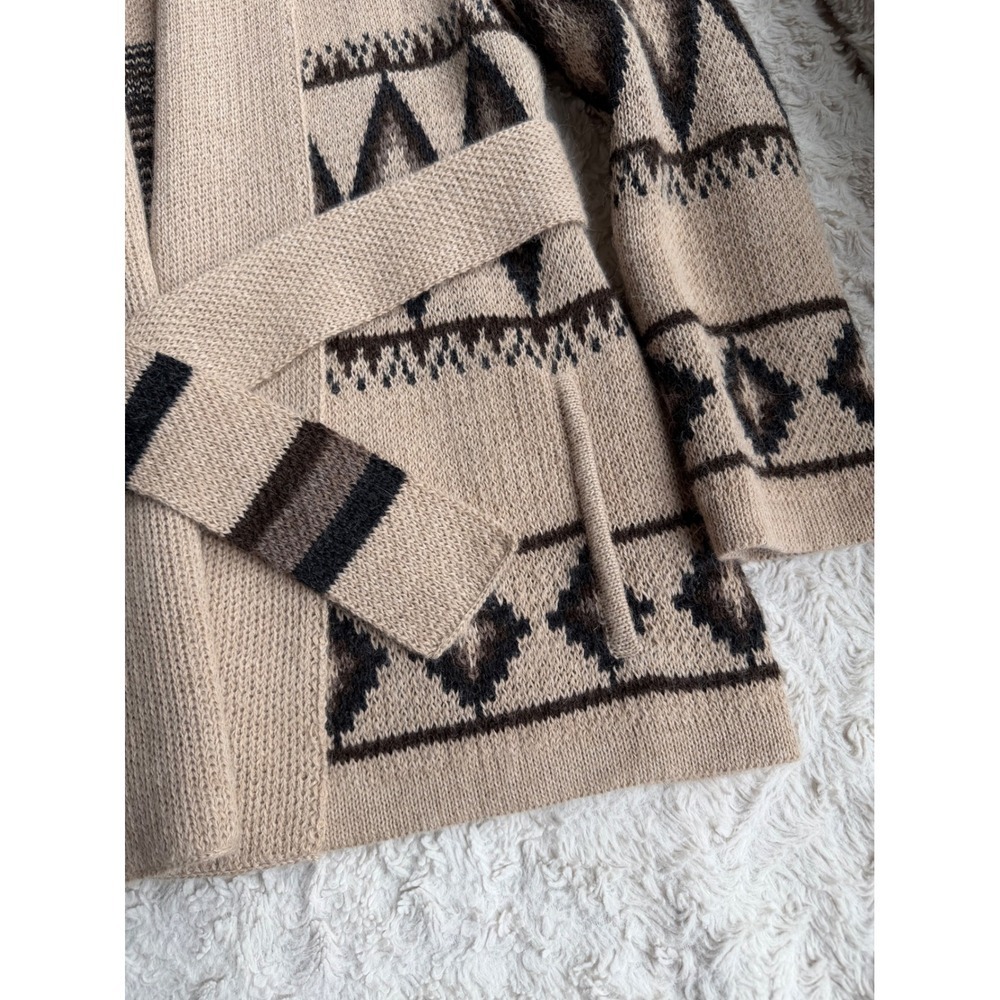 Overland Sylvia Cardigan Sweater Tan Alpaca Belted Tribal Shawl Collar Wool M - Picture 7 of 11